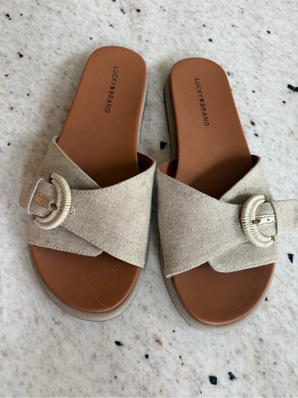 Lucky Brand Beige Crisscross Slide Sandals with Rope Buckle